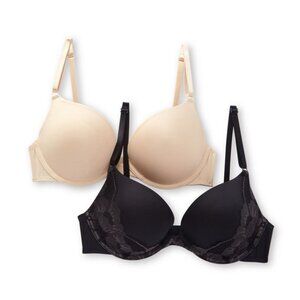 2-Pack Lightly Lined T-Shirt Bras In Black‎ & Nude With Adjustable Straps & Lace